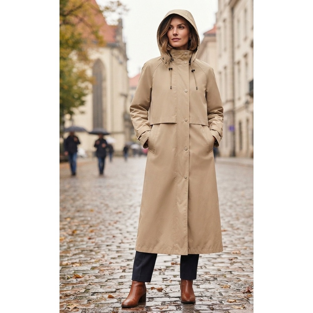 LL Bean Womens Tan Long Hooded Raincoat Duster Jacket Large 0 HN93